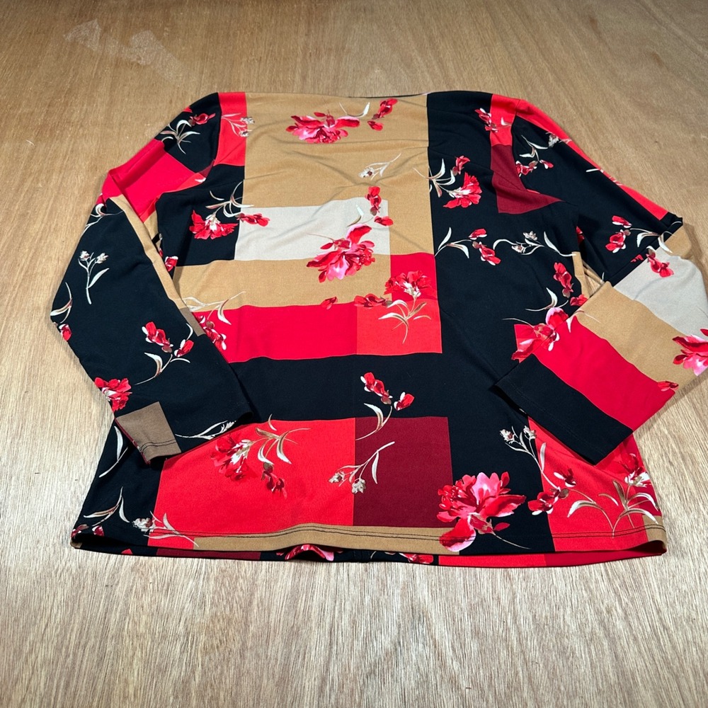 Calvin Klein Zip Front Top Women Medium Red Black Floral Patchwork M9JH6063 - Picture 3 of 9